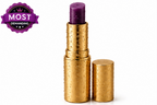 Gold lipstick case with purple lipstick and 'Most Demanding' badge on white background