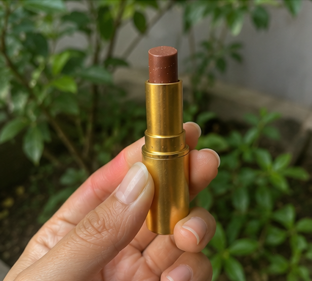Hand holding a gold lipstick with a brown shade against a blurred green outdoor background