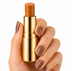 Hand holding a gold lipstick with a white background
