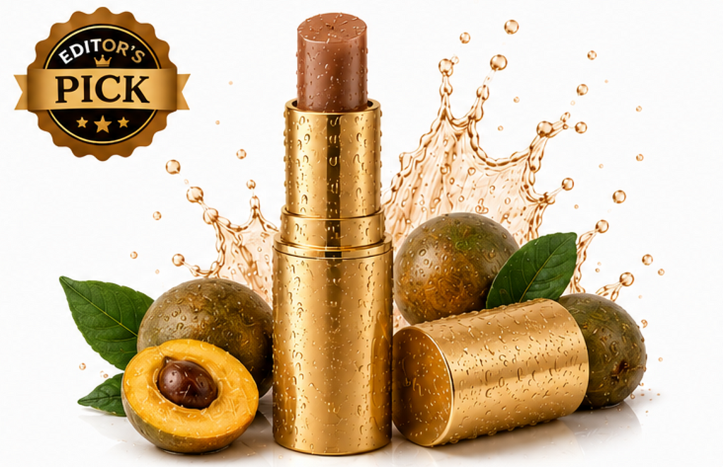 Gold lipstick with kiwi fruits and a 'Editor's Pick' badge on a white background