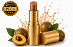 Gold lipstick with kiwi fruits and a 'Editor's Pick' badge on a white background