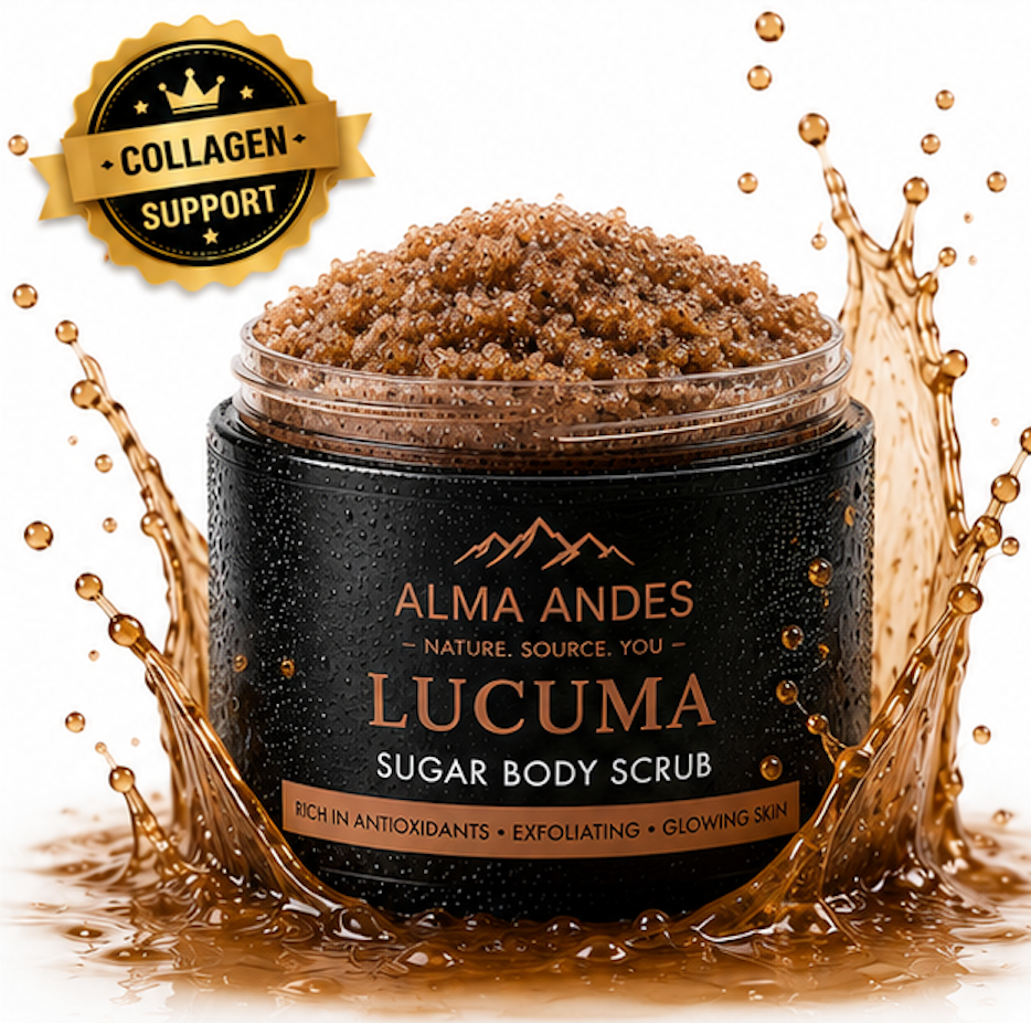 Alma Andes Lucuma sugar body scrub with collagen support label on a white background