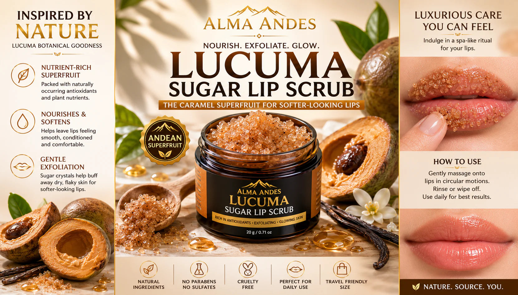 Alma_Andes_Lucuma_Sugar_Lip _Scrub packaging with ingredients and usage instructions.