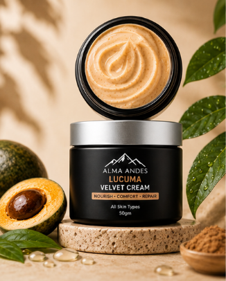 Alma Andes Lucuma Velvet Cream jar with open lid showing cream, surrounded by avocado, Lucuma fruit, and leaves on a wooden surface.