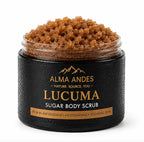 Jar of Lucuma sugar body scrub with black and gold label on a white background