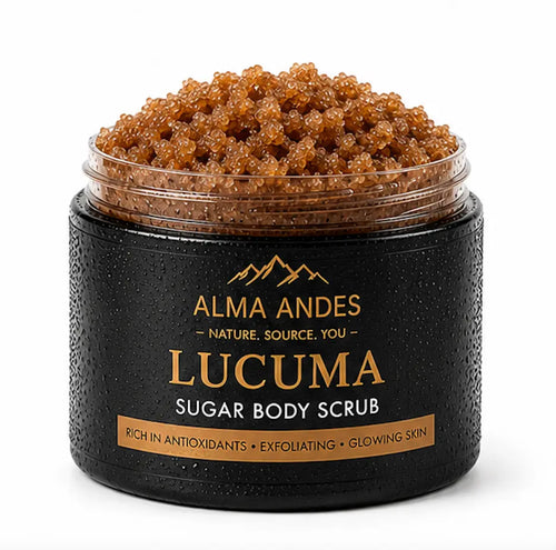 Jar of Lucuma sugar body scrub with black and gold label on a white background