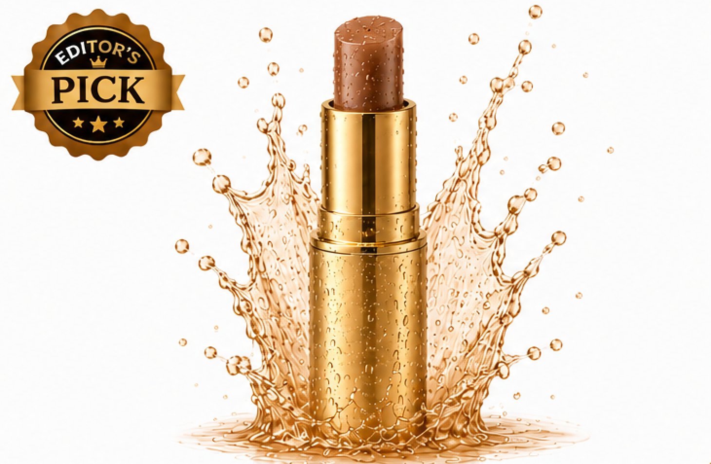 Gold lipstick with splash effect and 'Editor's Pick' badge on a white background