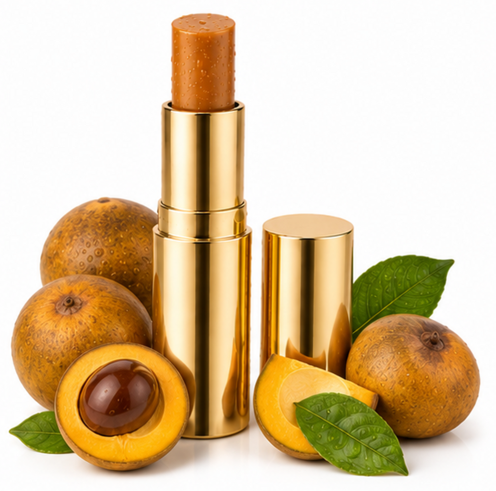 LUCUMA_LIP_BALM_ with a natural fruit and leaf on a white background