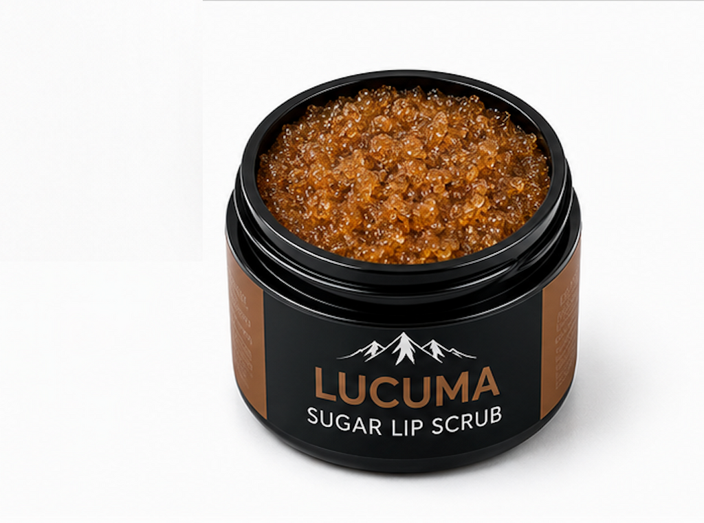 Jar of Lucuma sugar lip scrub on a white background