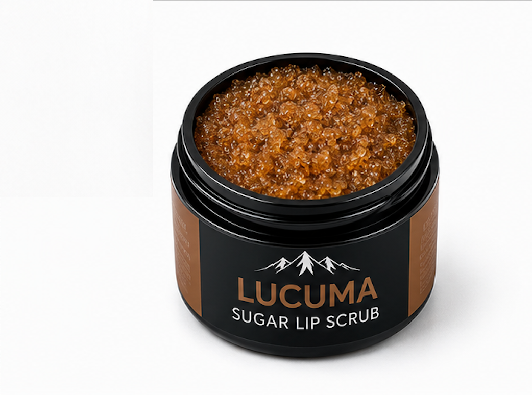 Jar of Lucuma sugar lip scrub on a white background