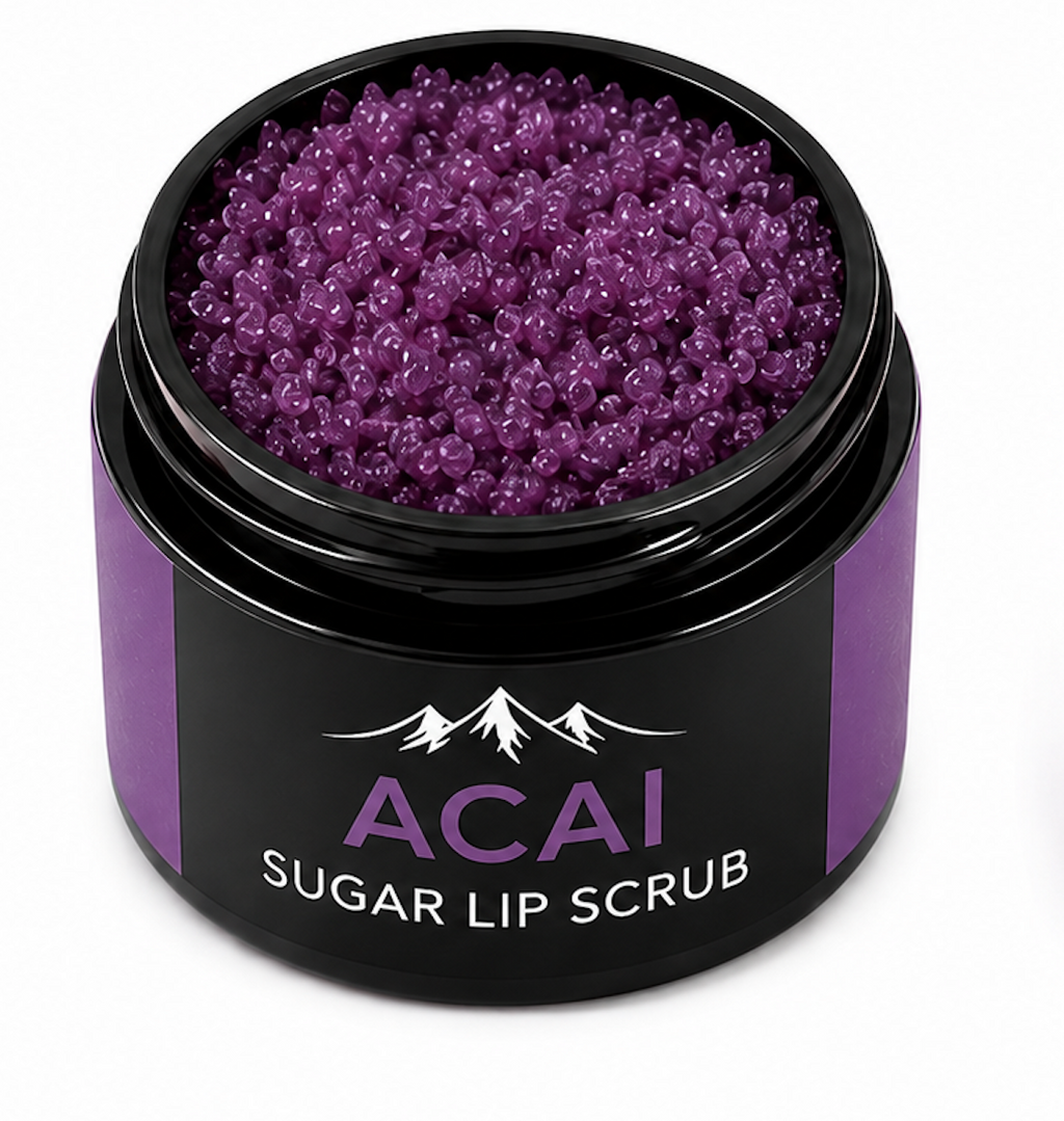 Purple Acai sugar lip scrub in a black container on a white background