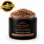 Lucuma sugar body scrub in a black jar with 'Alma Andes' branding on a white background.