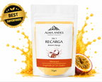 Alma Andes energy supplement package with maracuya flavor, surrounded by a splash of juice and a 'Best Superfoods' badge.