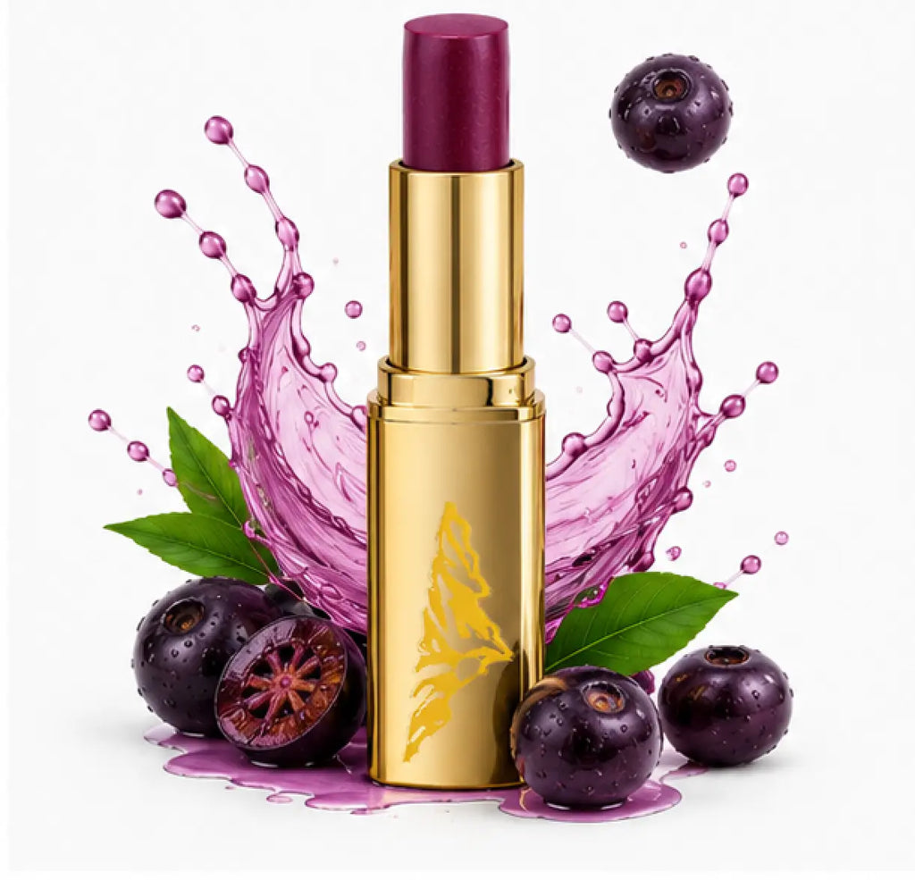 Lipstick with gold casing and purple lipstick on a white background with purple berries and leaves.