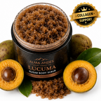 Jar of Lucuma sugar body scrub with ingredients and 'Collagen Support' badge on a white background