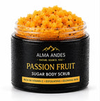 Jar of passion fruit sugar body scrub with visible ingredients on a white background