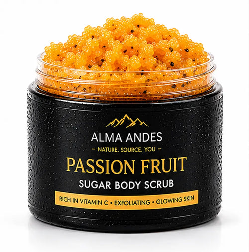 Jar of passion fruit sugar body scrub with visible ingredients on a white background