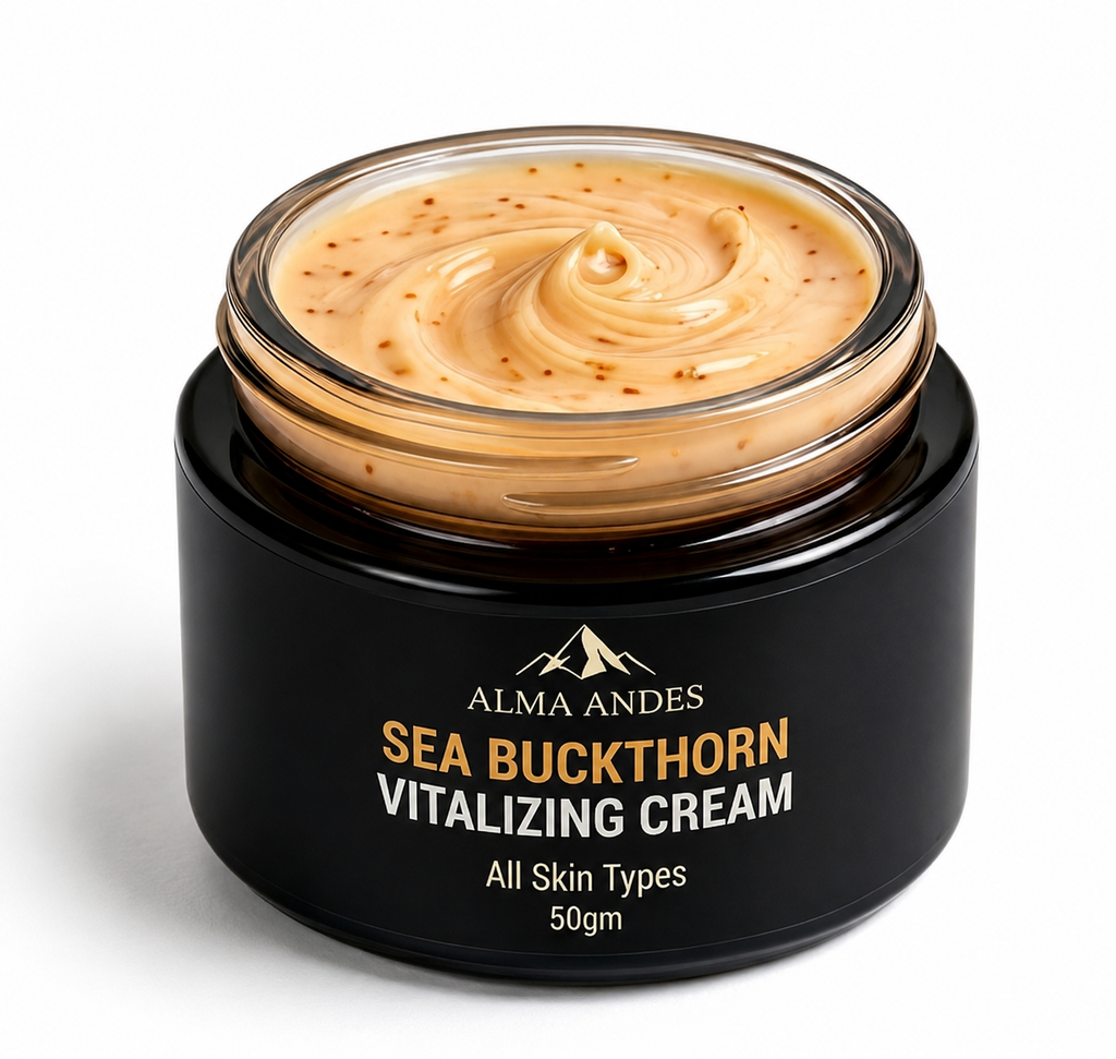 Black jar of Sea Buckthorn Vitalizing Cream by Alma Andes on a white background