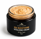 Black jar of Sea Buckthorn Vitalizing Cream by Alma Andes on a white background