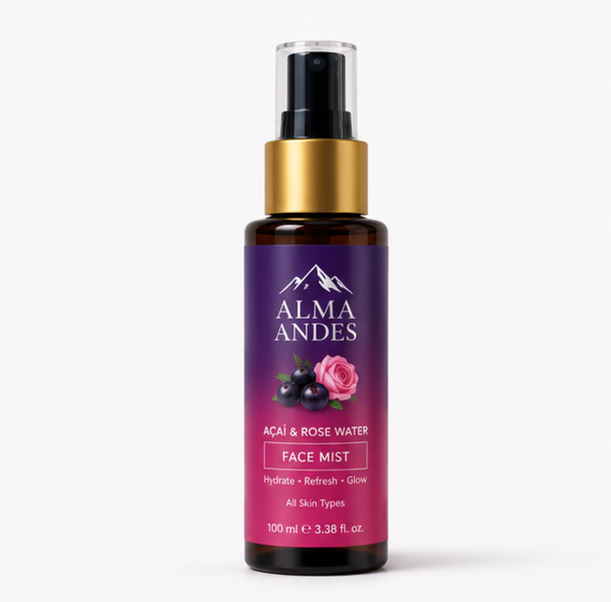 Alma Andes Acai & Rose Water Face Mist bottle on a white background