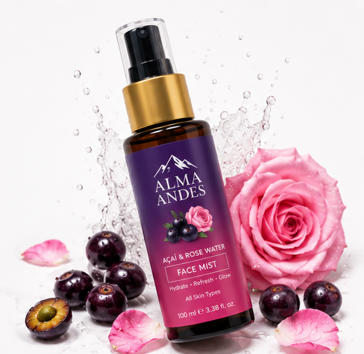 Alma Andes face mist bottle with acai berries and pink roses on a white background
