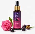Alma Andes Acai & Rose Water Face Mist bottle with pink rose and acai berries on a white background