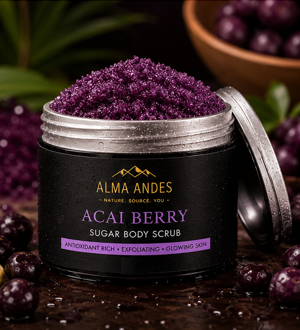 Alma Andes Açaí Body Scrub with creamy exfoliating texture for glowing skin