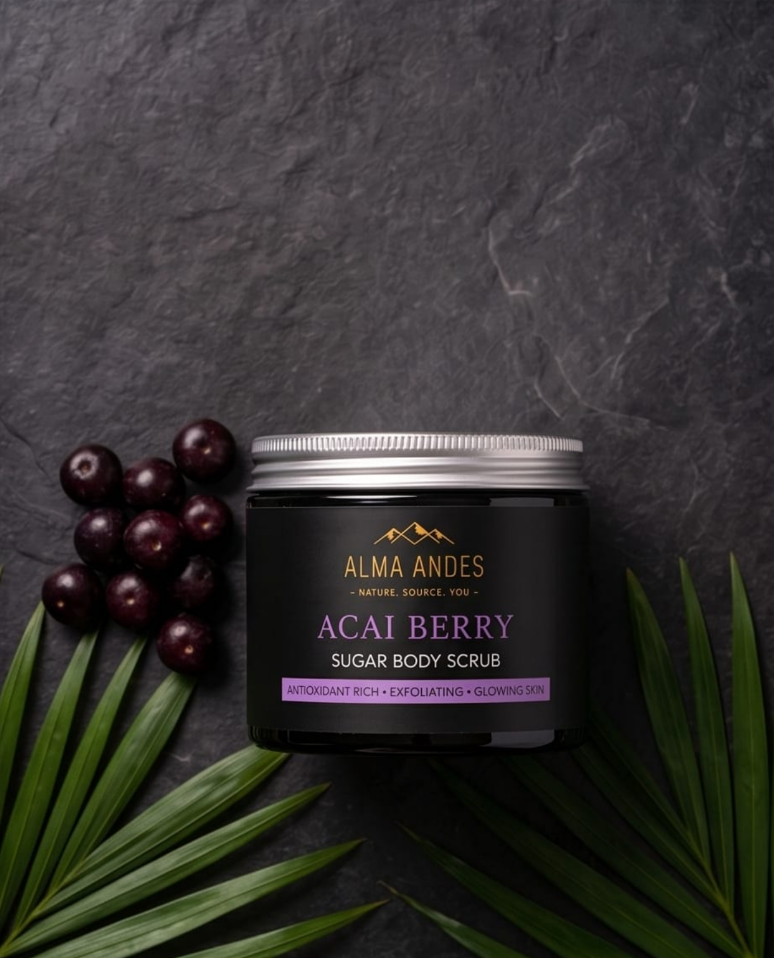 Luxury açaí body scrub in black jar for smooth radiant skin