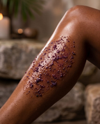 Women Leg applying Natural antioxidant-rich açaí body scrub for exfoliation and brightening