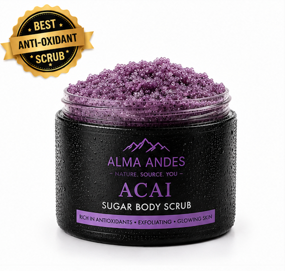 Jar of Acai sugar body scrub with purple scrub and black container on a white background, featuring 'Alma Andes' branding.