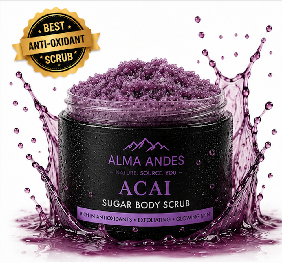 Jar of Acai sugar body scrub with purple liquid splashes and 'Best Anti-Oxidant Scrub' badge on a white background.