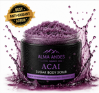 Jar of Acai sugar body scrub with purple liquid splashes and 'Best Anti-Oxidant Scrub' badge on a white background.