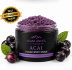Jar of Acai sugar body scrub with acai berries and leaves on a white background