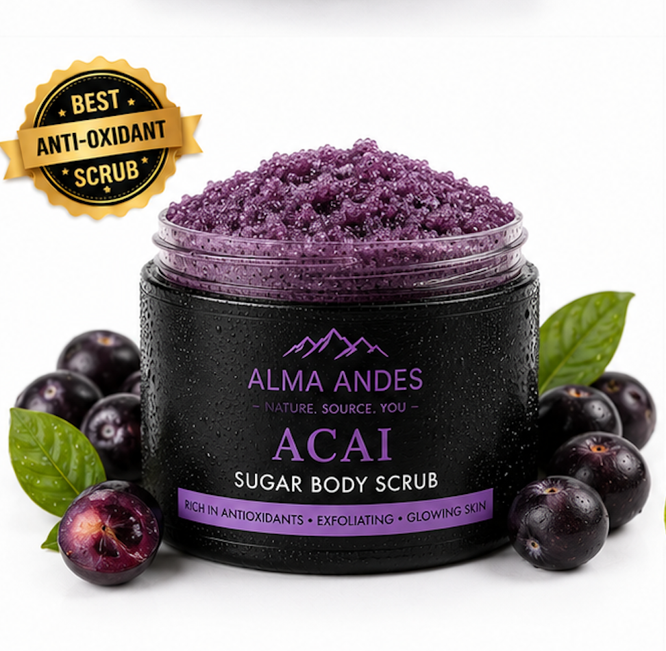 Jar of Acai sugar body scrub with acai berries and leaves on a white background