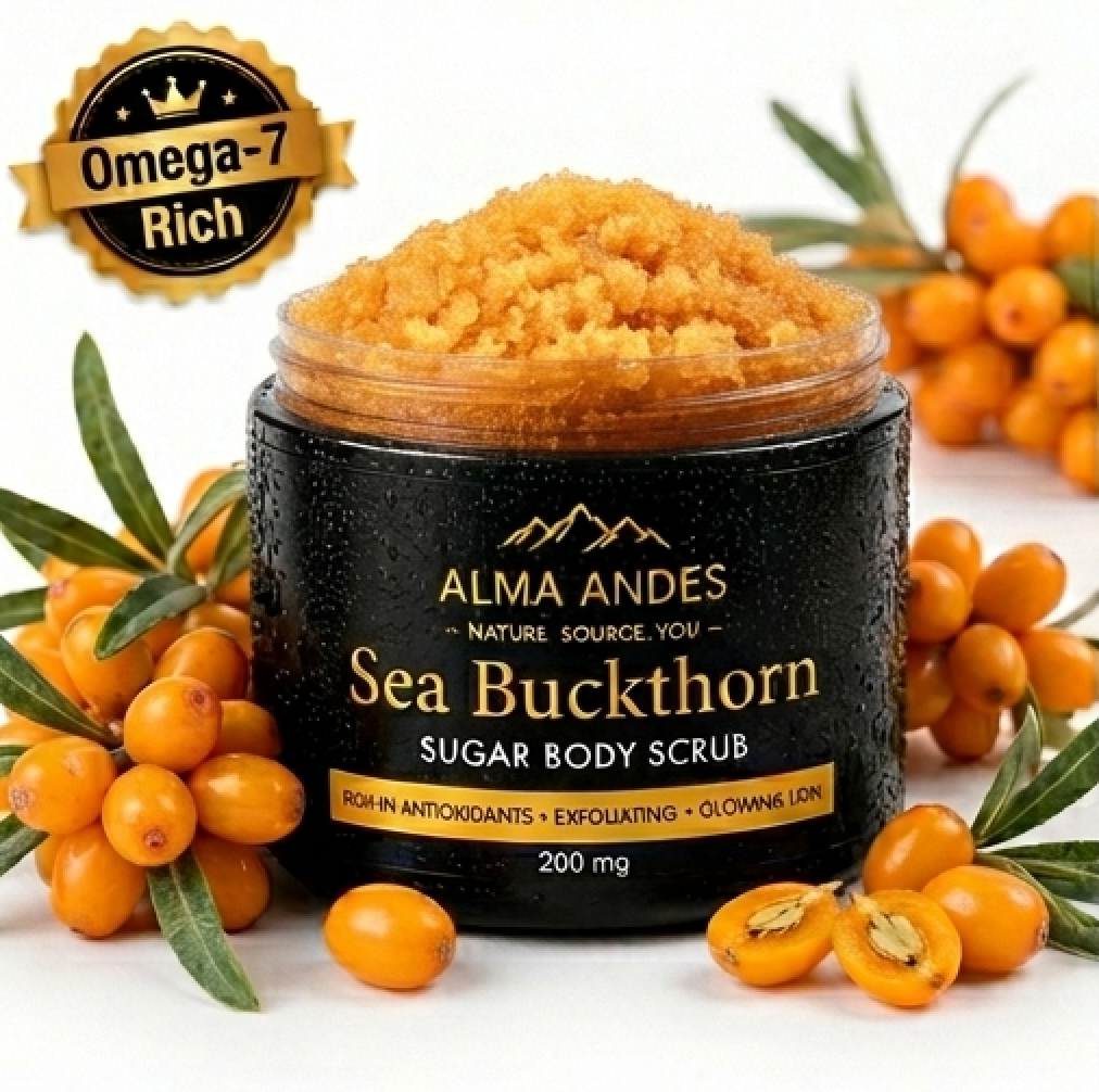 Sea Buckthorn sugar body scrub with sea buckthorn berries and 'Alma Andes' branding.