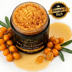 Jar of Sea Buckthorn Sugar Body Scrub with sea buckthorn berries and 'Omega-7 Rich' label.