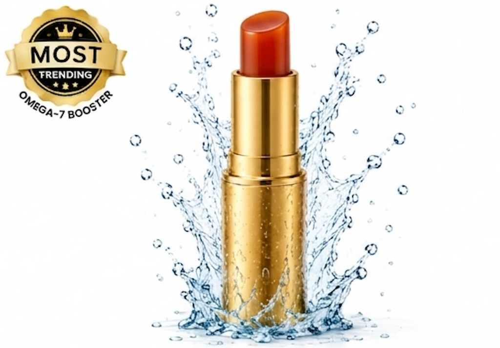 Gold lipstick with water splash and 'Most Trending Omega-7 Booster' badge on a white background