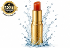 Gold lipstick with water splash and 'Most Trending Omega-7 Booster' badge on a white background