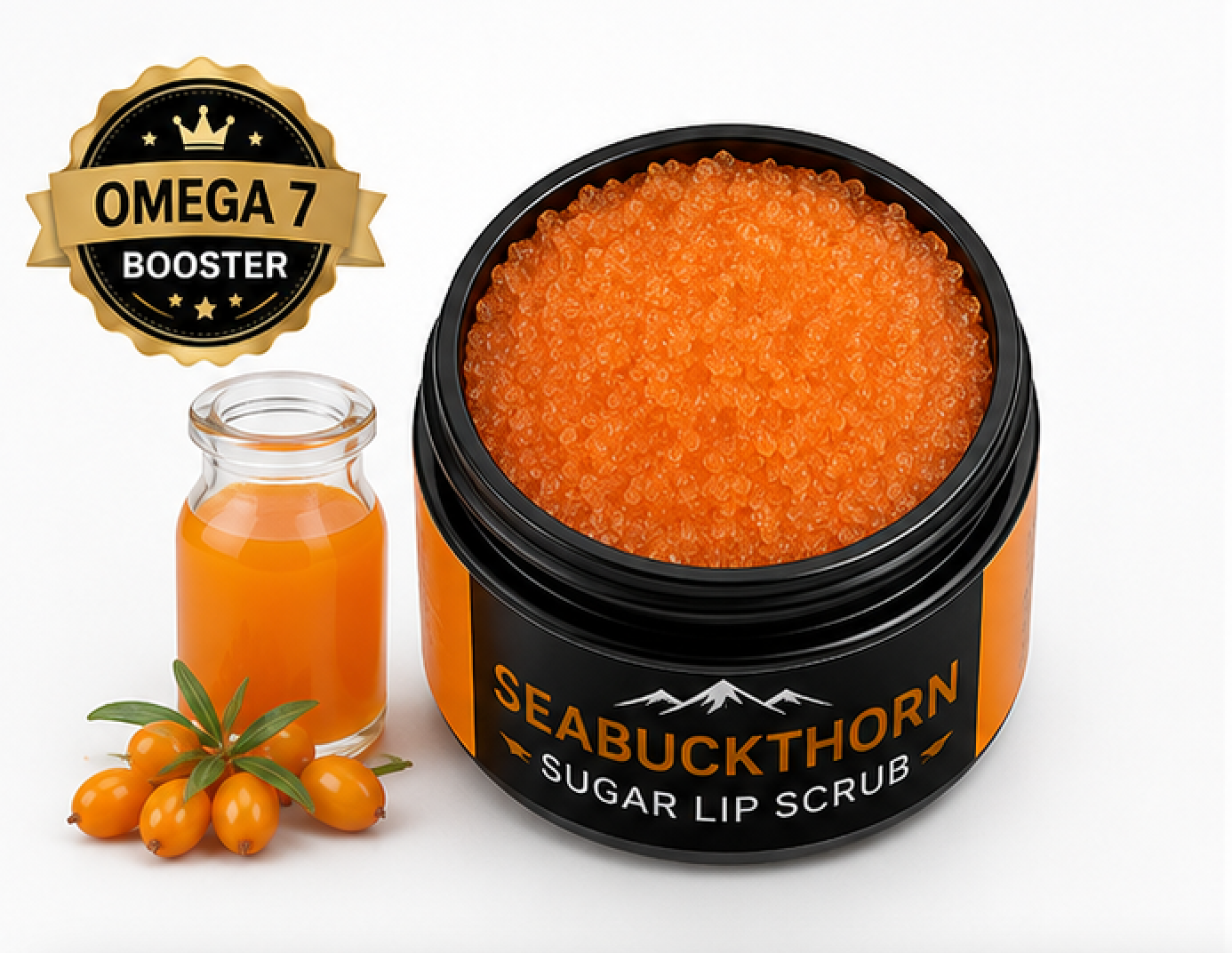 Seabuckthorn sugar lip scrub with jar of orange substance and berries on a white background