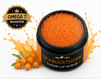 Seabuckthorn sugar lip scrub with berries and 'Omega 7 Booster' label on a white background