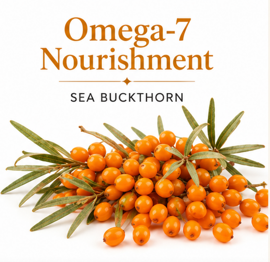 Sea buckthorn berries with 'Omega-7 Nourishment' text on a white background