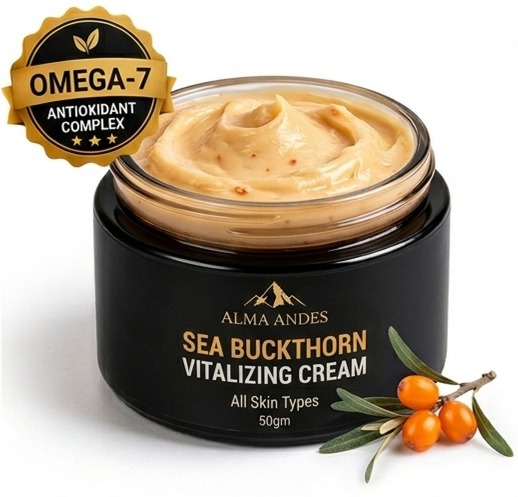 Sea buckthorn vitalizing cream jar with sea buckthorn berries on a white background