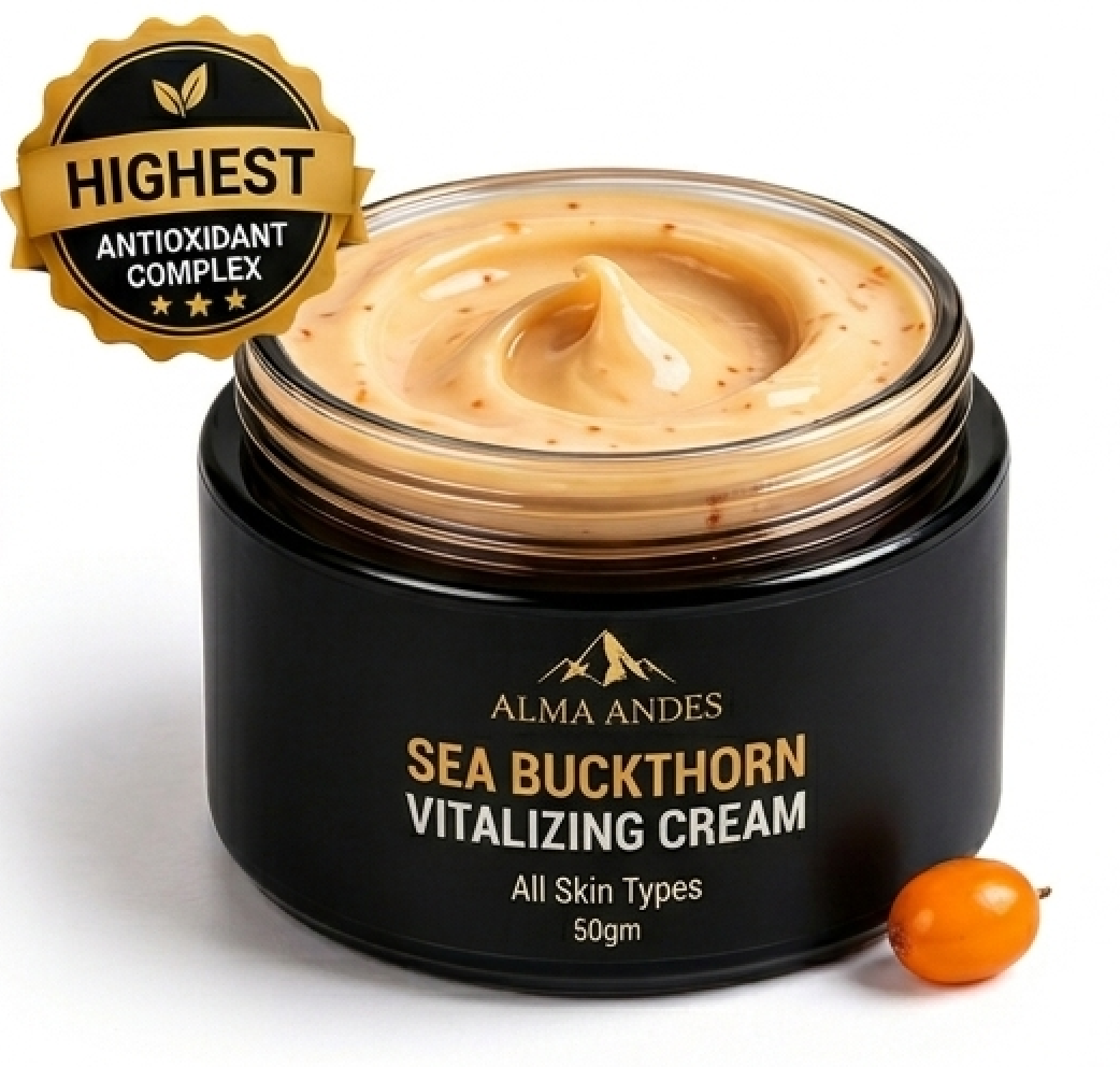 Sea buckthorn vitalizing cream jar with a gold label on a white background