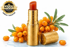 Gold lipstick with sea buckthorn berries and leaves on a white background