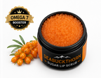 Seabuckthorn sugar lip scrub with berries and Omega 7 booster label on a white background