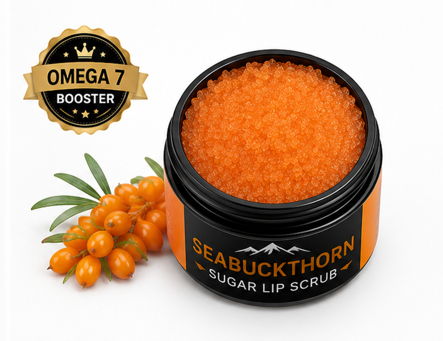 Seabuckthorn sugar lip scrub with berries and Omega 7 booster label on a white background