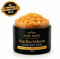 Jar of Sea Buckthorn Sugar Body Scrub with 'Alma Andes' branding on a white background
