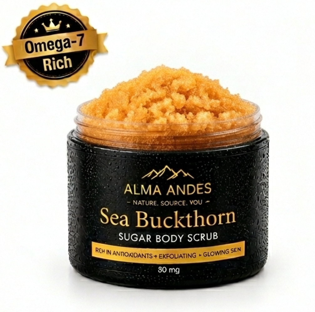 Jar of Sea Buckthorn Sugar Body Scrub with 'Alma Andes' branding on a white background