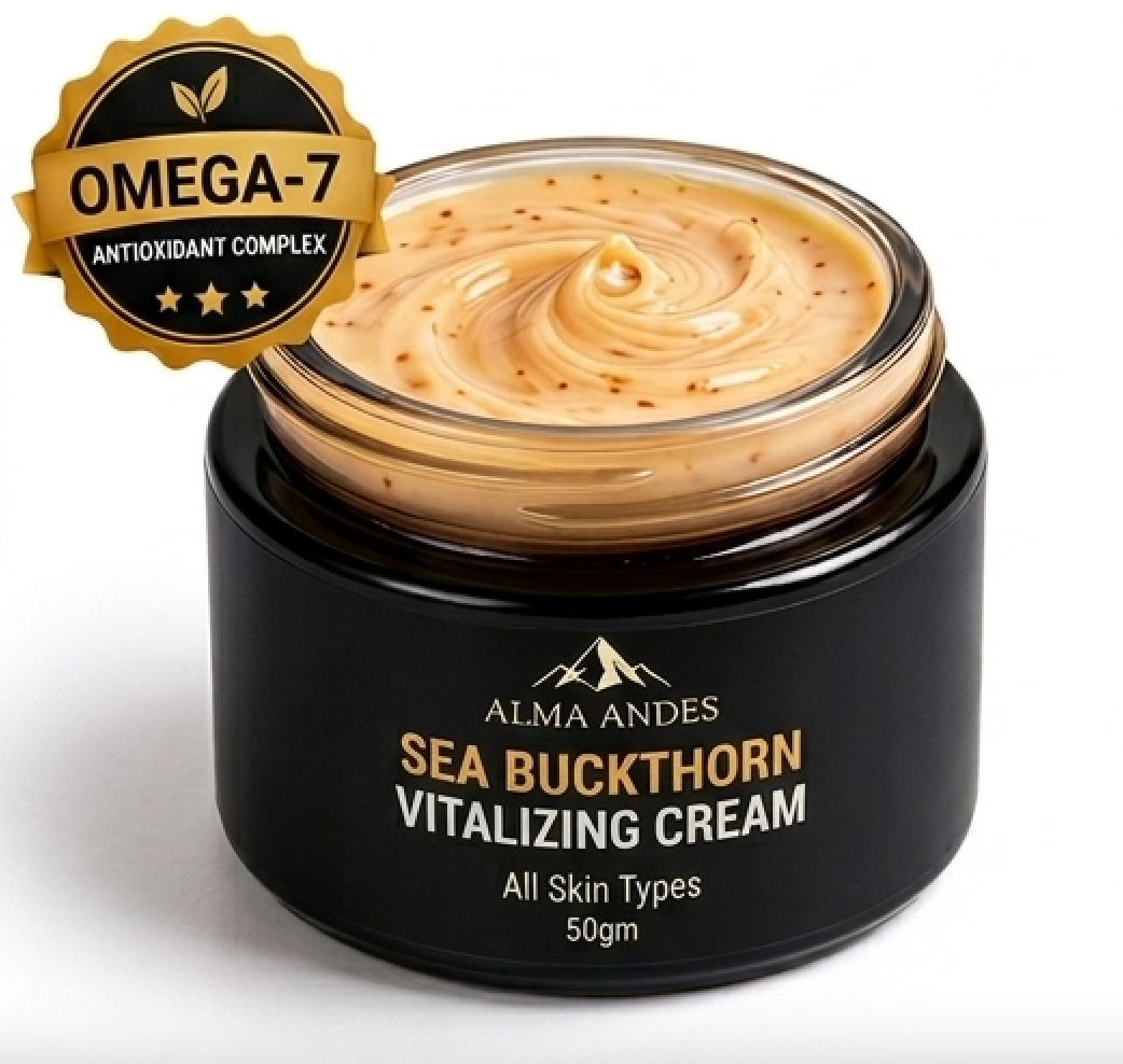 Sea Buckthorn Vitalizing Cream jar with Omega-7 label on a white background