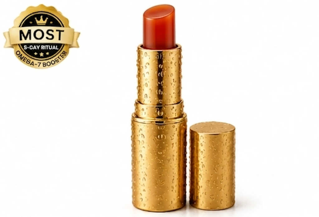 Gold lipstick case with red lipstick on a white background